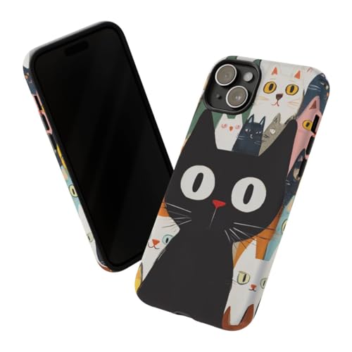 Coque iPhone 15 Plus rigide anti-rayures chats colorés grand chat noir