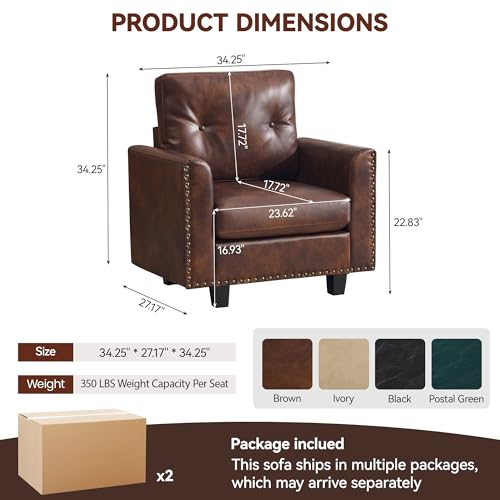 Image of 34.3 inch Faux Leather Modular Sectional Single Couch, Vintage PU Leather Accent Sofa Chairs with Nailhead Trim for Sofas, Mid Century Modern Tufted Chair for Living Room, Bedroom, Office, Brown