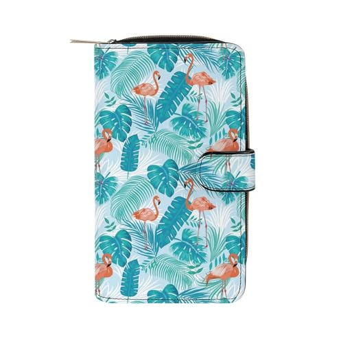 Pink Flamingo Floral Leaf Pattern Leather Wallets Large Capacity Zipper Pocket Card Holder with ID Window