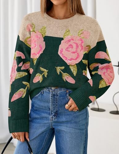 ZESICA Women's Floral Oversized Sweaters 2025 Fall Crewneck Long Sleeve Casual Chunky Knit Pullover Sweater Tops3
