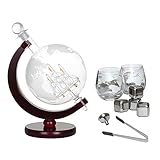 Nandae Decantador de Globo de Whisky con 2 Vasos de Globo Grabados y 4 Piedras de Whisky, Embudo de vertido fácil y antigüedad de Pinza de Hielo, decantador de Vino para velero, Capacidad de 1000 ml