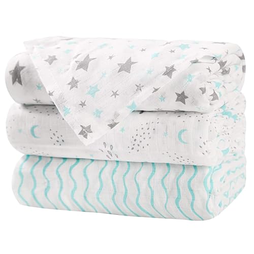 Image of Little Grape Land Muslin Swaddle Blankets 47''x47'' 3 Pack, 100% Cotton Large Size Baby Swaddles for Newborn, Soft Breathable Baby Blankets for Newborns, Green