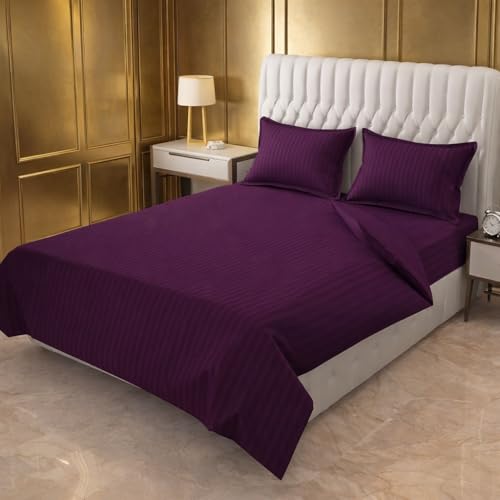 Image of Prozone Premium Satin Stripe Double Bedsheet with 2 Pillow Covers | Soft & Luxury Hotel Style Bedding for Double Bed (Jazzy Purple)