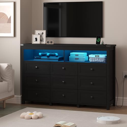 Image of Wodeer 9 Drawer Dresser for Bedroom with LED Lights, Charging Station, Wood Chest of Drawers with Metal Handles, Modern TV Stand & Storage Organizer for Living Room, Hallway, Black