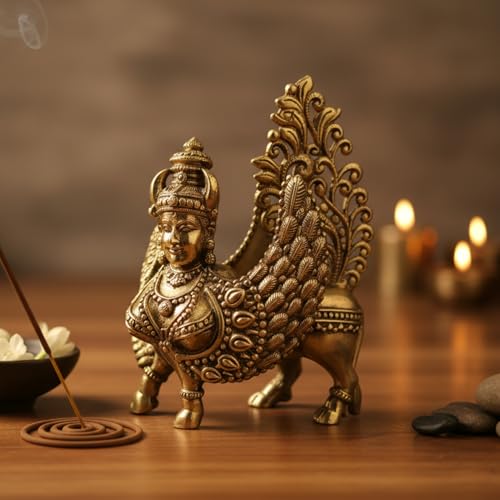 Image of eCraftIndia Golden Brass Kamdhenu Cow Idol for Home Decor Living Room Animal Figurine Cow Statue Gift for Diwali Housewarming Birthday