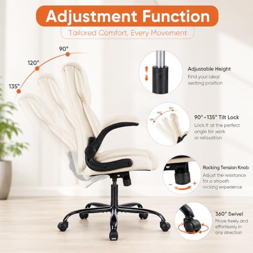 Image of Ergonomic PU Leather Office Chair - Executive Computer Desk Chair with Lumbar Support & Wide Seat, Adjustable Height Task Chair with 360 Swivel & Quiet Wheels for Home Office, Gaming, White