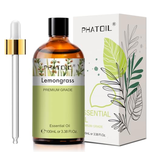 Lemongrass Essential Oil 100ML PHATOIL Natural and Pure Lemongrass Oils with Glass Dropper for Home Aromatherapy Skin Hair Care Diffuser DIY Soap Candle Making