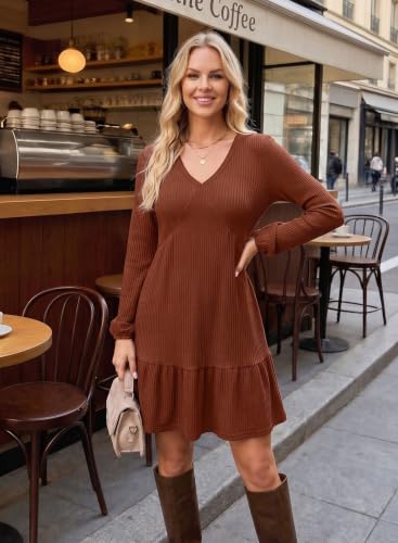 Image of Dokotoo Womens Dresses Long Sleeve V Neck Lightweight Ribbed Knit Empire Waist Casual A Line Swing Mini Dress
