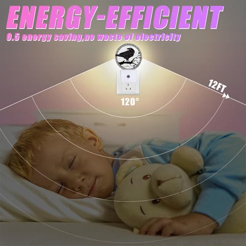 Image of Crow Night Light Black Bird Night Lights LED Lamp Round Plug into Wall Nightlight with Dusk to Dawn Sensor Home Hallway Stairway Kitchen Decor