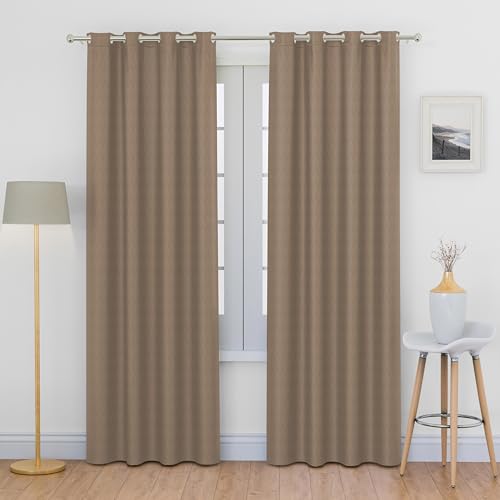 Image of LINENWALAS 100% True Blackout Curtains 6 Feet Long - Set of 2 Panels, Herringbone Embossed Design Complete Light Block Thermal Insulated & Noise Reducing Room Darkening Curtains (Light Brown)