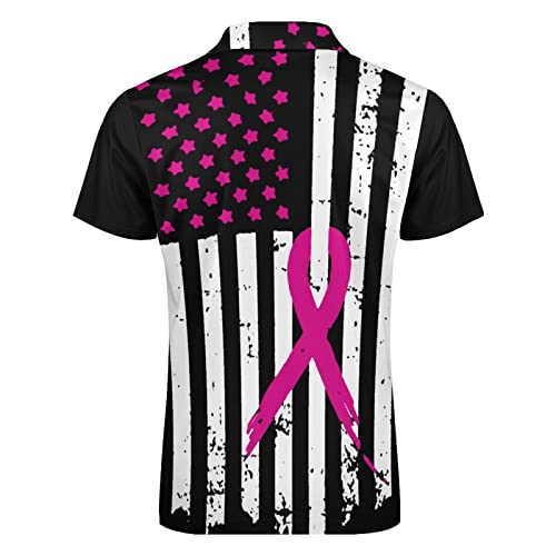 Pink Ribbon Breast Cancer Awareness Flag Men's Polo-Shirts Short Sleeve Golf Shirt Slim Fit Casual Zip T-Shirts Tops4