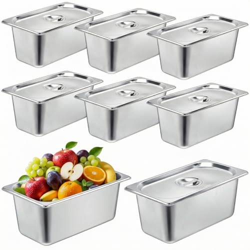 8 Pack Stainless Steam Hotel Pan 6 Deep Steam Table Pan with Lid 0.8 mm Thick Stainless Steel Restaurant Anti Clogging Steamer for Party, Restaurant, Hotel(1/3 Size)