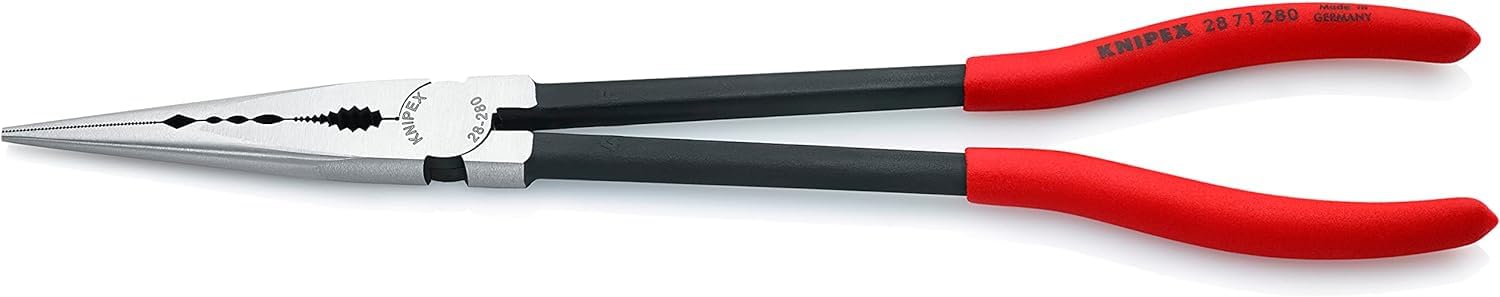 KNIPEXLong Reach Needle Nose Pliers with transverse profiles black atramentized, plastic coated 280 mm (self-service card/blister) 28 71 280 SB