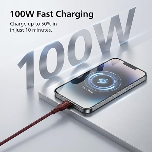 Image of PHILIPS DLC7130CI /94 100W Magnetic Type-C to Type-C Fast Charging Cable (1m, Iron Red) | Nylon Braided | Compatible with iPhone 15+ Series, USB-C iPad Models, Samsung Galaxy & All Type C Devices