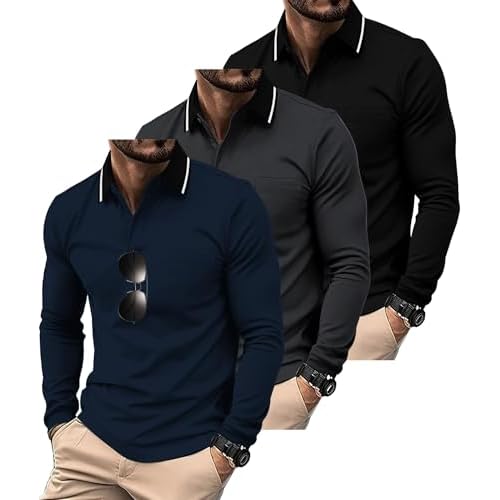 ZITY 3 Pack Men Polo Shirts Long Sleeve with Pocket Golf Shirts Shirts for Men Casual Work Athletic Collared T-Shirts Black Grey Navy 3X-Large