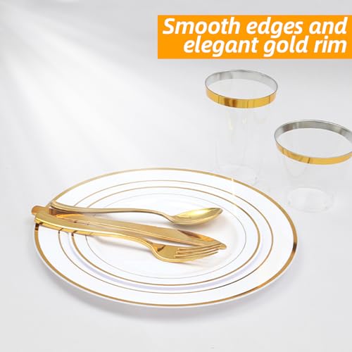 SHUESS 40 Pack White Plastic Plates with Gold Rim - 10 Inches Round Plastic Plates Reusable - Sturdy Dinner Plates - Elegant Party Plates for Weddings, Parties, Catering, and Picnics (26 cm) - Image 6