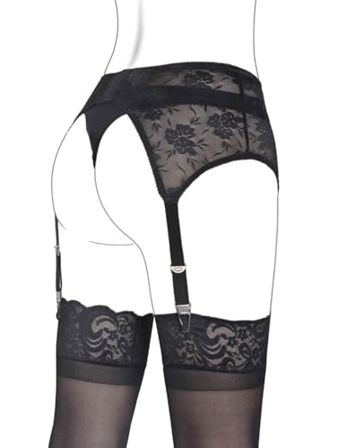 GARGALA Lace Garter Belt Sexy Black Suspenders for Women Lingerie Plus Size with 4 Vintage Metal Clips for Stocking (XL)