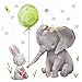 Little Deco Wandtattoo Kinderzimmer Mädchen Hase & Elefant mit grünen Ballon Sterne Babyzimmer Aufkleber Sticker Wandaufkleber Junge Wandsticker Kinder DL209-6
