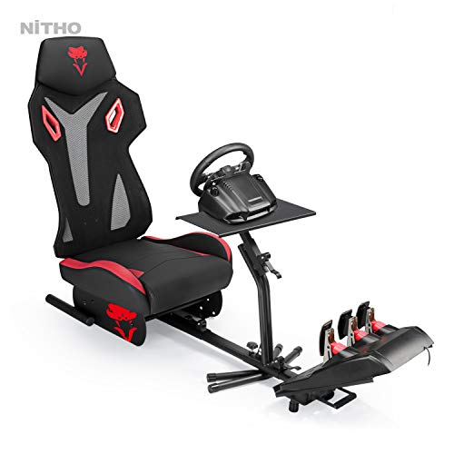 Image of NITHO Viper RT-1 R Extra Solid Racing Seat, Simulator Cockpit Steering Wheel Pedal Stand Supporter, Red /Black