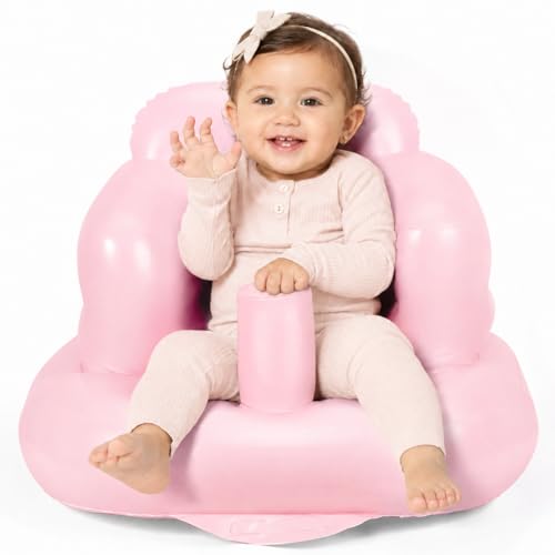 Image of Mink Inflatable Baby Seat for Babies 3 Months & Up, Blow Up Floor Baby Chair with Back Support, Fence & Built-in Air Pump, Sit Me Up Inflatable Chair for Sit Training, Feeding, Travel (Pink)