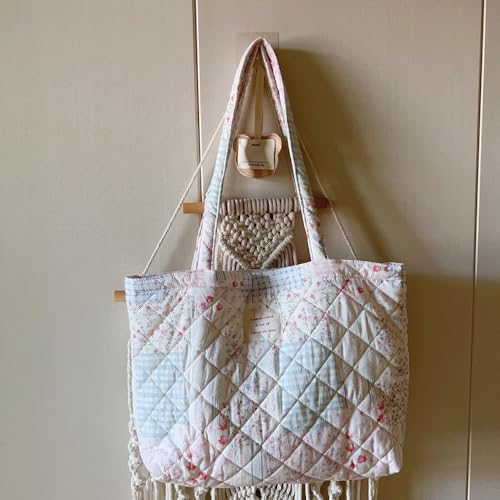 Image of Floral Quilted Cotton Shoulder Bag for Women Daily Use Medium Size Handbag Large Capacity Thickened Design Tote