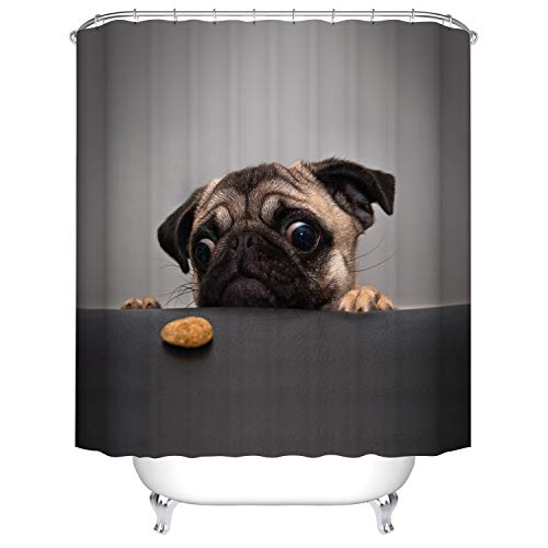 Fangkun Shower Curtain Art Bathroom Decor Animals Cute Pug Dog Design - Polyester Bath Curtains Decor Sets - 12pcs Shower Hooks - 72 x 72 inches