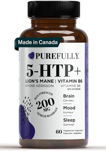 PUREFULLY 5-HTP Double Strength 200mg Per Capsule + Cofactor Vitamin B6 & Lion’s Mane | Pure Griffonia Simlicifolia Extract | Supports Mood, Cognition & Sleep (60 Capsules | 60-Day Supply)