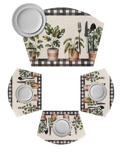 Spring Placemats Set of 4 for Dining Table, Woven Round Table Placemats, Country Vintage Pots Plants Black Plaid Border Table Mats Washable Wedge Placemat Indoor/Outdoor Patio Kitchen Décor
