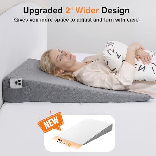 Image of Vekkia 34 inch Extra-Long Wedge Pillow, Back & Arm Support, Bed Wedge Pillow for Sleeping After Surgery, Acid Reflux, Snoring Relief, Removable Washable Cover & Double Side Pockets, 5.5 inch Height, Gray