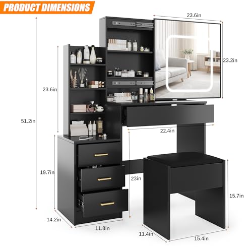 Vanity Desk with Sliding Mirror and Lights, Makeup Vanity Set with 4 Drawers, Stool, Power Outlet, Open Shelves, 3 Color Adjustable Lighting Modes, Makeup Dressing Table for Bedroom, Black