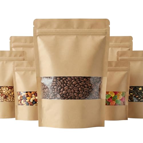 50 Bolsas Papel Kraft con Ventana y Cierre Hermético Zip - 15x10 cm (175ml). Doypack Reutilizable para Alimentos, Té y Café. Pequeñas