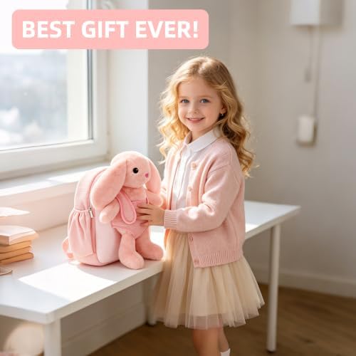 Yunniel Pink Floppy Ear Bunny Toddler Backpack,Removable Plush Rabbit Cuddle Buddy Soft Mini Bag for Girls 2-6, Preschool Birthday Christmas Holiday Kids Gift — view 5