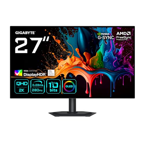 GIGABYTE MO27Q28G Monitor Gaming OLED 27″ QHD – 2560 x 1440, 280Hz, 0,03ms, 335 CD/m², Display HDR True Black 500, HDMI 2.1, DisplayPort 1.4