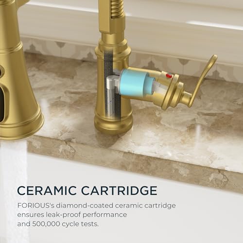Image of FORIOUS Gold Kitchen Faucet with Pull Down Sprayer, Stainless Steel Single Handle Spring Antique Brass Kitchen Sink Faucet with Deck Plate for 1 or 3 holes, Sutiable for Farmhouse, RV, Camper, Wet Bar