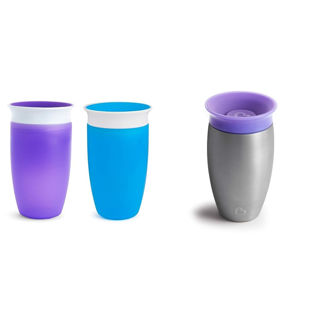 Munchkin Miracle 360ᵒ Trinkbecher, auslaufsicher & Miracle 360°- Edelstahl-Trinkbecher für Babys und Kleinkinder, BPA-frei, auslaufsicher, spülmaschinenfest, für Kinder ab 12 Monaten, lila - 296 ml