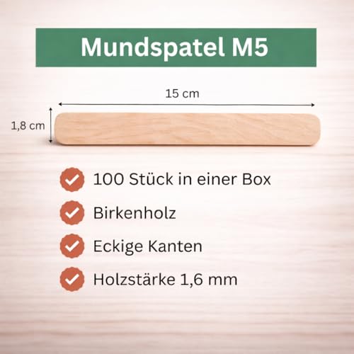Mundspatel M5 Holz | Zungenspatel Einweg unsteril | 150 x 18 x 1,6 mm | 100 Stück Box | Holzspatel abgerundet | Arztpraxis Klinik, Bastelholzstäbchen, Eisstiele | Heinz Herenz Medizinalbedarf