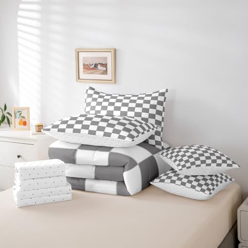 Image of Erosebridal Gray Checkered Full Bed in A Bag 7 Piece White Grey Checkerboard Grid Bedding Set,Geometric Buffalo Plaid Comforter Set with Sheets for Kids Boys Teen Adults Men Gingham Bed Set