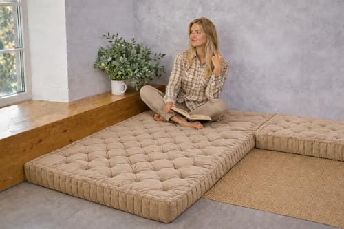 Image of ATOOTFUSION Soft Cotton Floor Box Mattress, 5-Inch Thick, Foldable, Movable, Medium Firm, Solid Colored (Beige, Double Bed 72X72X5 Inches)