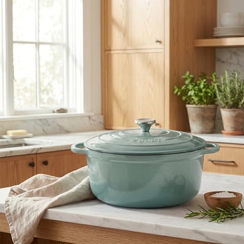 Image of Zulay Kitchen 6.4QT Enameled Cast Iron Dutch Oven Pot with Lid, Heavy-Duty Soup Pot for Stews, Braising, Roasting & Sourdough Bread Baking, Oven Safe up to 500F - Aventurine