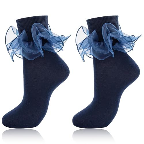 Image of Women Big Ruffle Ankle Socks Adult Double Lace Frilly Turn Cuff Dress Socks Cotton Cute Fancy Bobby Crew Socks