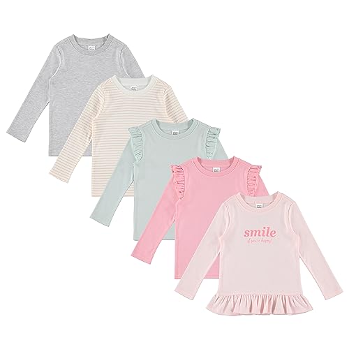 Cudlie 5-Pack Infant/Toddler Girl Long Sleeve Shirt - Basic Baby Tees, Blouses, Tops - Solid Print & Ruffled Tshirts