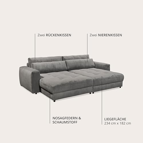 Big Sofa BARURA Cord dunkelgrau – XXL Couch mit großer Liegefläche, modernes Sofa 292x194 cm inklusive Nierenkissen