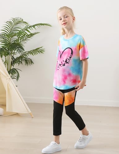 Image of Girls 2 Piece Outfits Kids Clothes Pants Sets Print Short Sleeve Top Leggings Spring Summer Tracksuit 4-13Y
