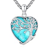 LOOVE Collar de árbol de la vida para mujer, plata de ley, luna creciente, piedra turquesa, colgante de corazón, árbol genealógico, collar para mamá, hija, hermana, niñas, regalos de plata de ley