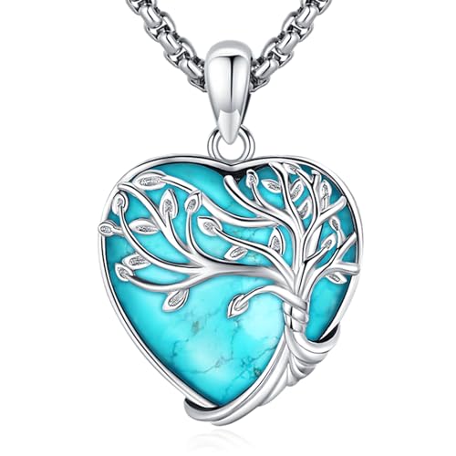 Tree of Life Necklace for Women Sterling Silver Celtic Moon Tree Moonstone Turquoise Pendant Heart Family Tree Necklace for Mother Daughter Sister Gifts