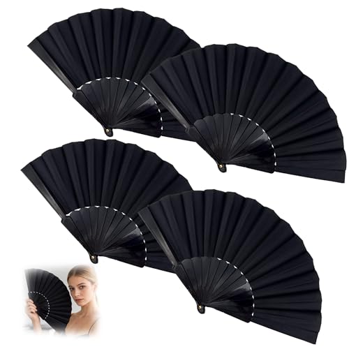 Lot de 4 éventails noirs, éventails pliables, compacts et portables, adaptés pour les fêtes, les fêtes en plein air et les événements d'été