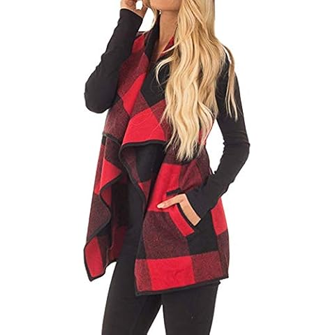 AOSUYOU Women Lapel Open Front Sleeveless Plaid Vest Cardigan Coat Jacket Pockets (Red and Black, Small) Cover