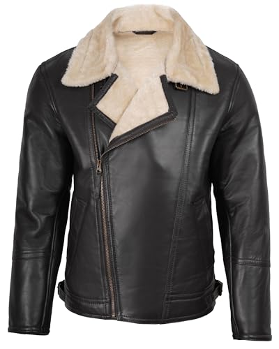 Image of fjackets Shearling Leather Coat Men - Real Lambskin Leather Jackets Mens Sherpa Lined Winter Casual Fur Coats Outerwear