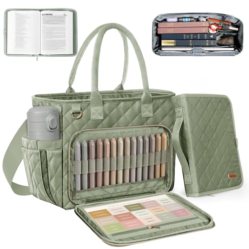 BellaHold Large Bible Bag with Bible Cover Case for Women, Church Bag with Shoulder Strap, Quilted Bible Cover for Bible Study Supplies, a Christian Gift for Women, Green