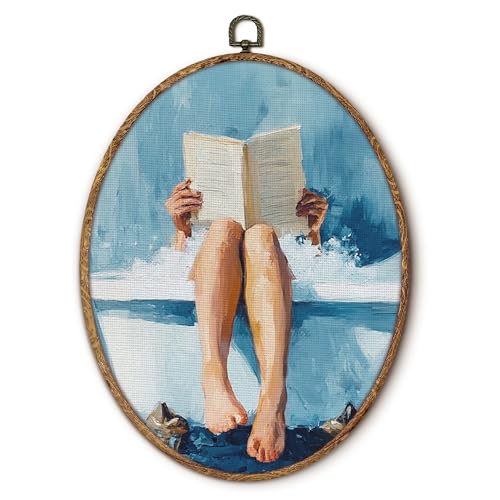 fZSZSD Bathroom Reading Oval Wall Art Decor, Cozy Woman Reading in Tub Oval Framed Canvas Art Prints, Relaxing Bath Time Wall Hanging Decor for Bathroom Washroom Restroom, 8.5x11.5 Inch